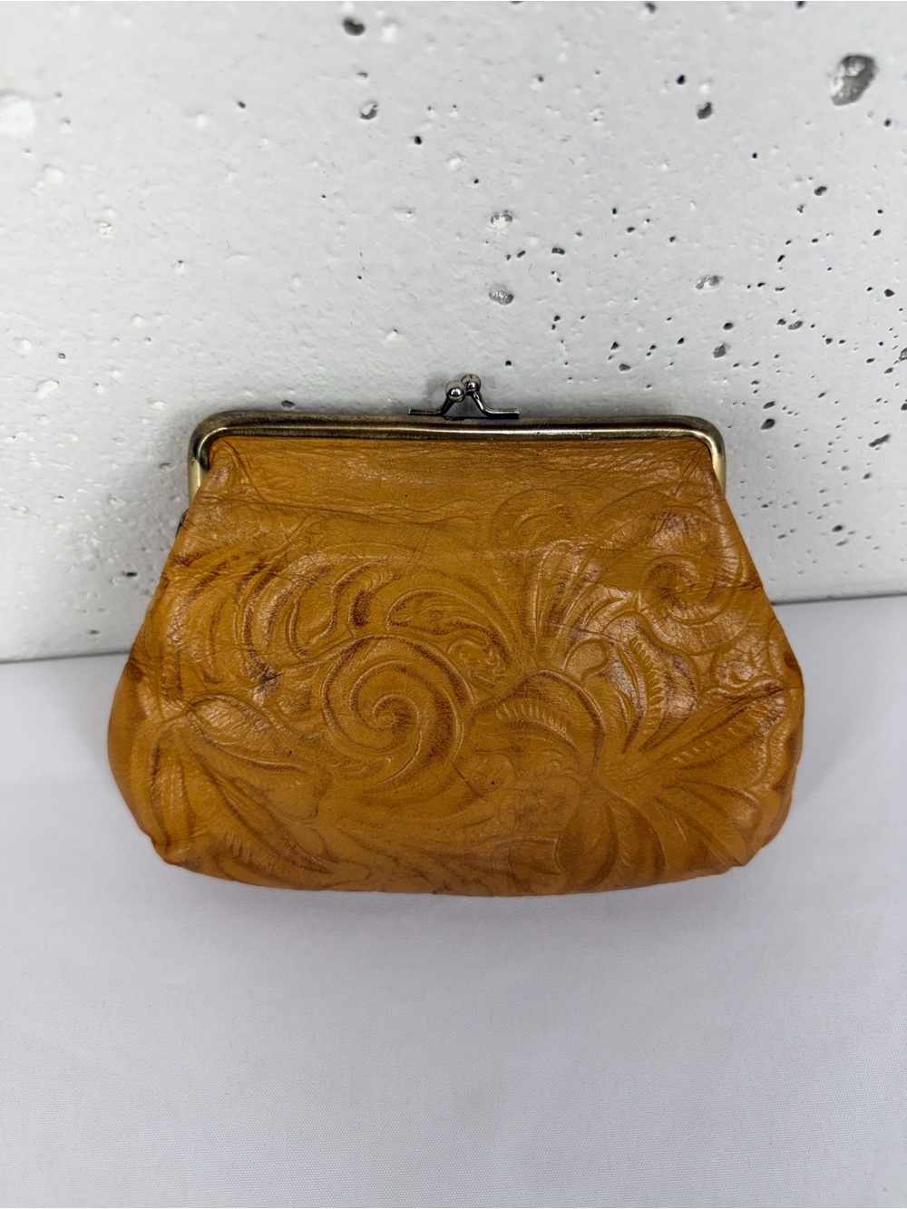 Patrcia Nash Brown Embossed Leather Kiss Lock Coin Purse Clutch